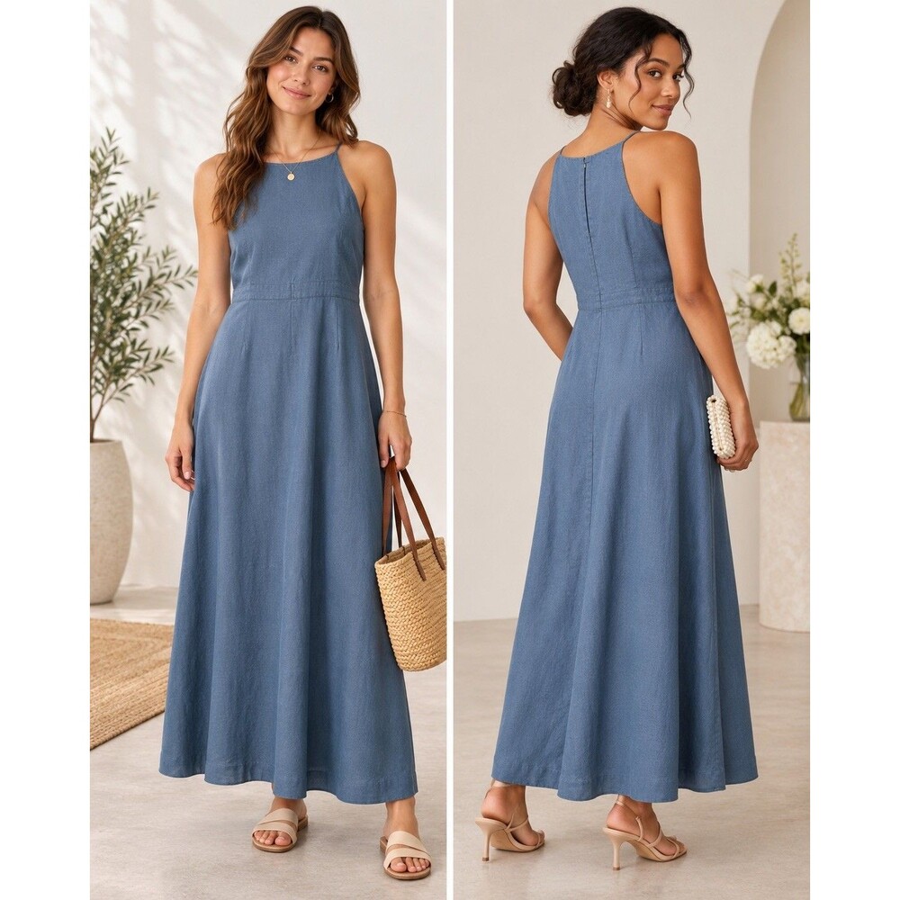Boden halter-neck 100% linen blue dress pockets fit & flare 100% cotton lined 14